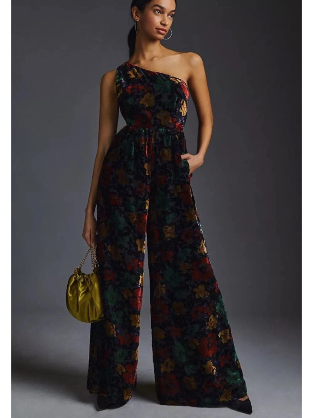 Anthropologie Hutch Velvet One-Shoulder Floral Wide Leg Jumpsuit Size 2